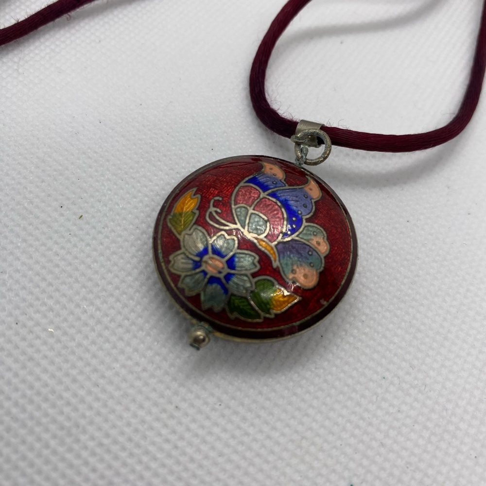 Vintage Cloisonne Butterfly & Flower Enamel Pendant Necklace